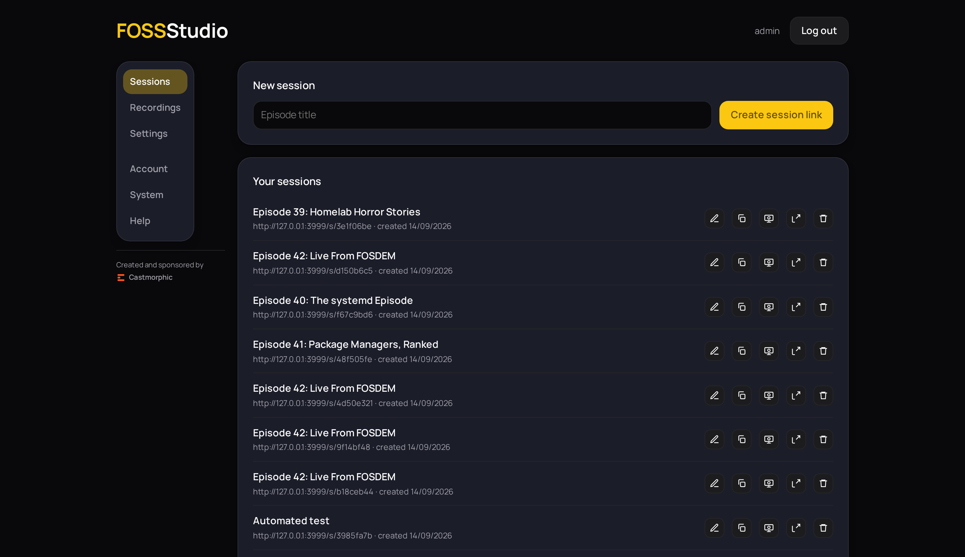 The dashboard listing sessions and processed recordings ready to download
