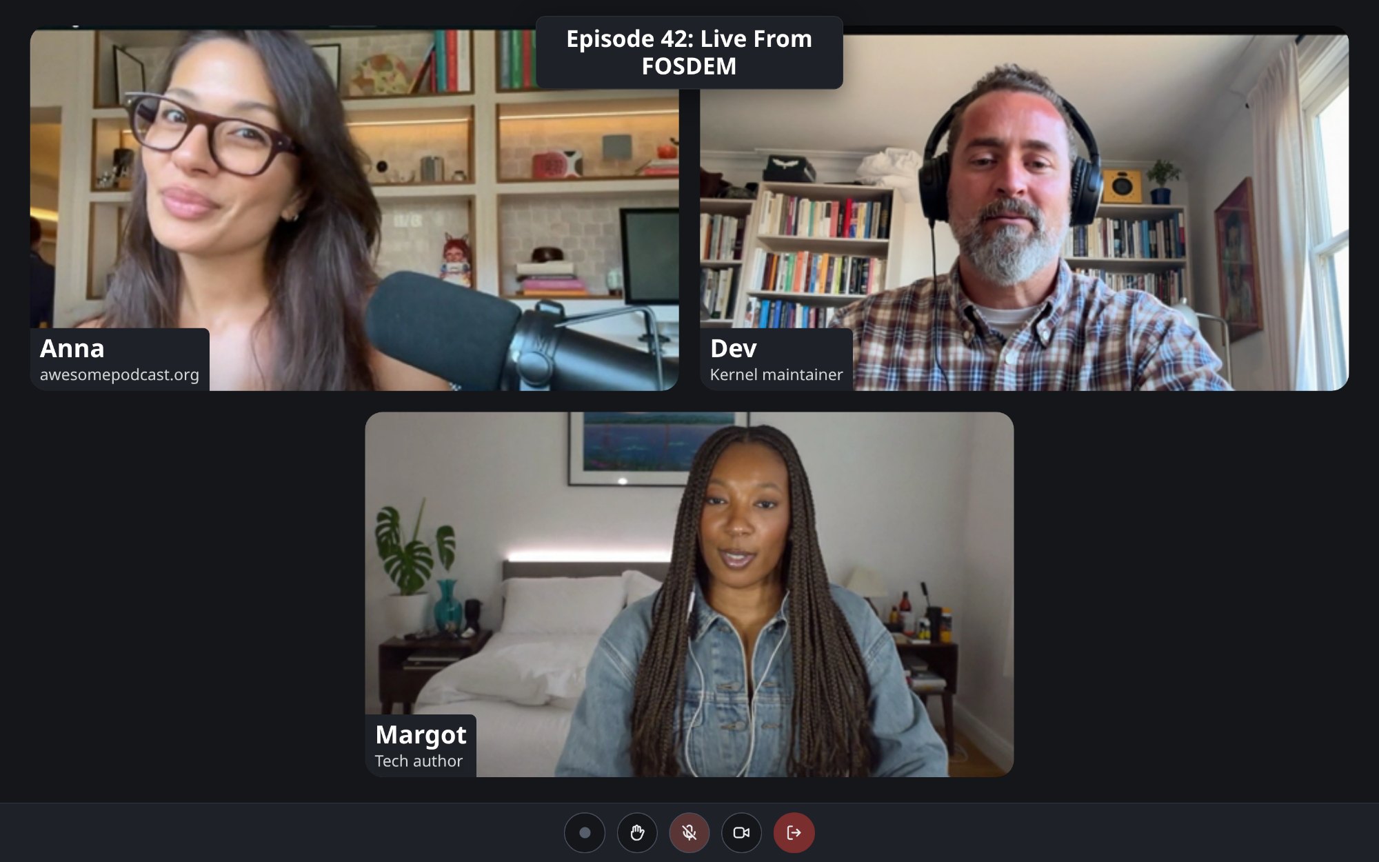 A FOSSStudio session in progress: three guests in a tidy grid with name banners and the episode title block